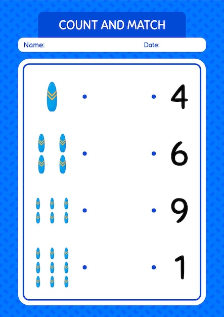 就学前の子供たちの子供たちの活動シートのためのサーフボードワークシートでゲームを数えて一致させます
