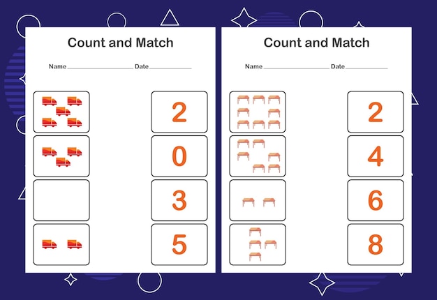 아이들을 위한 카운트 앤 매치 워크시트 정확한 숫자로 카운트 앤 매치 짝짓기 교육 게임