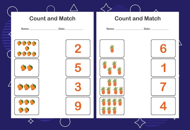 아이들을 위한 카운트 앤 매치 워크시트 정확한 숫자로 카운트 앤 매치 짝짓기 교육 게임