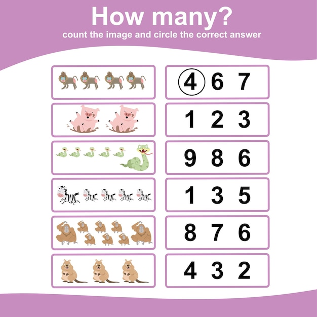 Count and circle answer for children. Printable mathematic worksheet for preschool.