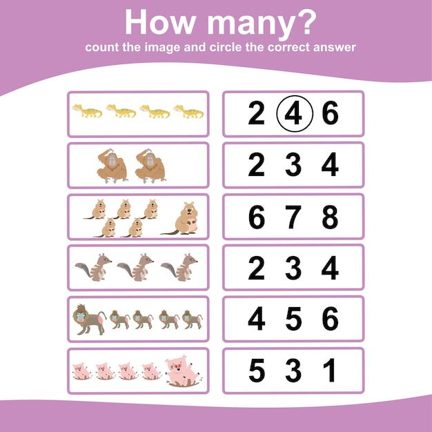 Count and circle answer for children. Printable mathematic worksheet for preschool.