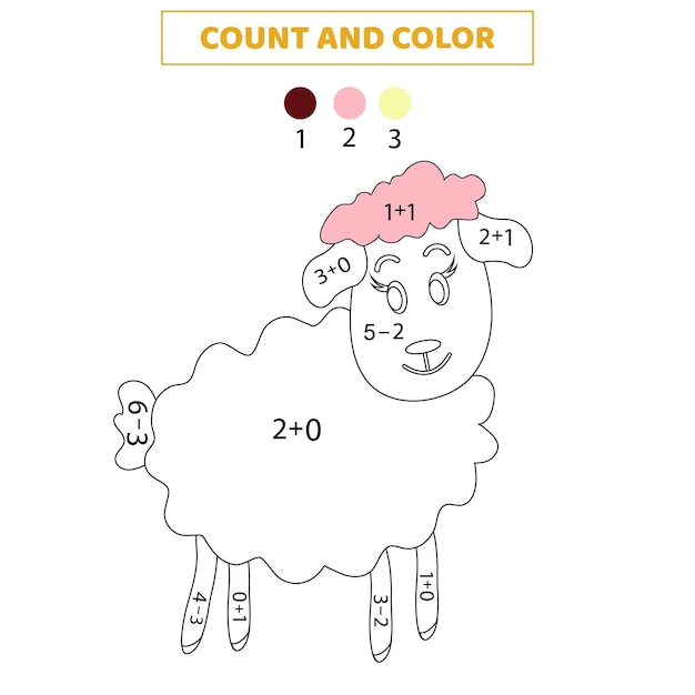 Count and color cute cartoon sheep. Math game for kids. Worksheet for kids.