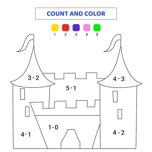 赤い背景に孤立したドゥードルイラストを描いた子供向けの可愛い城の数と色の数学ゲーム.