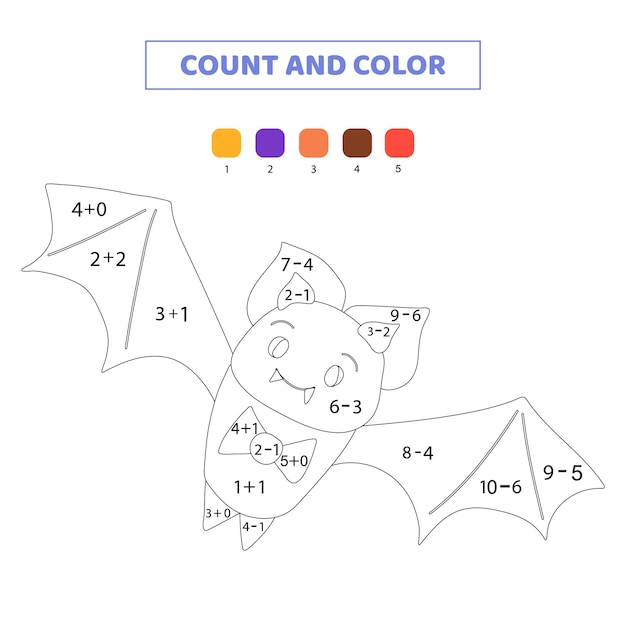 Count and color cute halloween bat. Math game for kids.