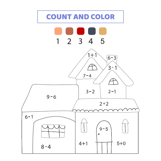かわいい家を数えて色を塗ります。子供向けの数学ゲーム。