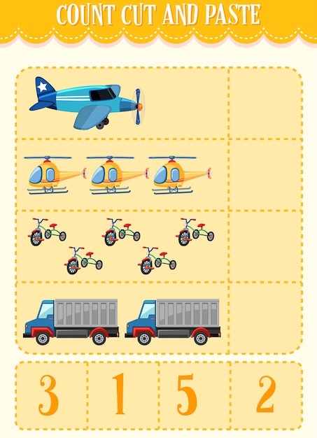 子供のためのカウント、カットアンドペースト数学ワークシート