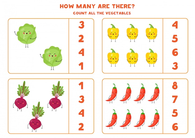 Count cute kawaii vegetables and circle the right answer.