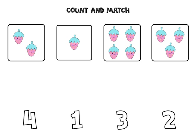 Conta le graziose fragole rosa e abbinale ai numeri corretti. gioco di matematica per bambini.