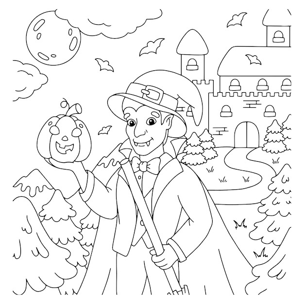 Conte dracula con scopa e zucca per halloween pagina del libro da colorare per bambini personaggio in stile cartone animato illustrazione vettoriale isolata su sfondo bianco