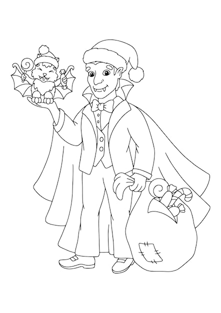 Count Dracula with Christmas gifts Coloring book page for kids Cartoon style character