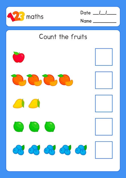 Conta il frutto e scrivilo sul quadrato bianco nel foglio degli esercizi di matematica con il doodle kawaii