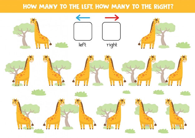 Count how many giraffes go to the right and left.