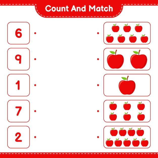 Count and match, count the number of Apple and match with right numbers. Educational children game, printable worksheet 