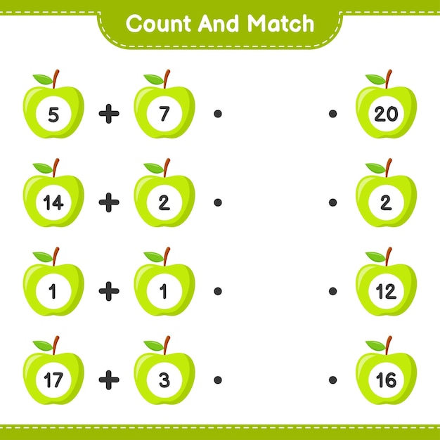 Count and match, count the number of Apple and match with right numbers. Educational children game, printable worksheet 