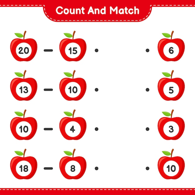 Count and match, count the number of Apple and match with right numbers. Educational children game, printable worksheet 