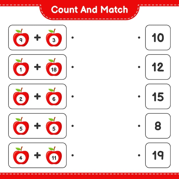 Count and match, count the number of Apple and match with right numbers. Educational children game, printable worksheet.