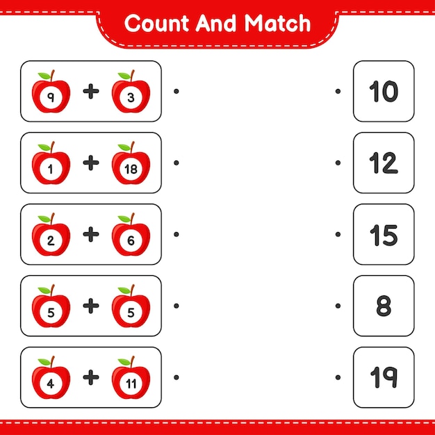 계산하고 일치시키고, Apple의 수를 계산하고 올바른 숫자와 일치시킵니다. 교육용 어린이 게임, 인쇄 가능한 워크 시트.
