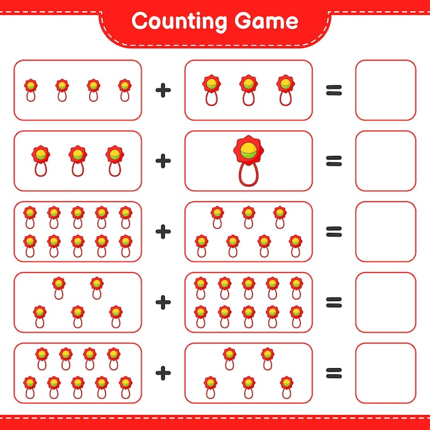カウントして一致させ、ベイビーラトルの数を数え、正しい数と一致させます。教育的な子供たちのゲーム、印刷可能なワークシート、ベクトル図