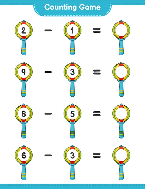 Vector count and match, count the number of baby rattle and match with the right numbers. educational children game, printable worksheet, vector illustration