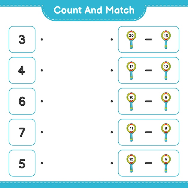 Conta e abbina, conta il numero di baby rattle e abbina con i numeri giusti. gioco educativo per bambini, foglio di lavoro stampabile, illustrazione vettoriale