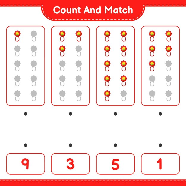 세어 맞추고, 아기 딸랑이의 수를 세고 올바른 숫자와 일치시킵니다. 교육용 어린이 게임, 인쇄 가능한 워크 시트
