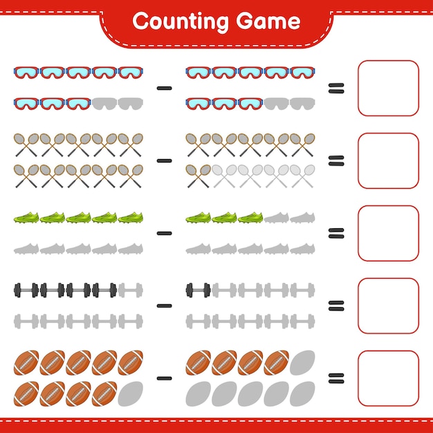 Count and match count the number of Badminton Rackets Dumbbell Rugby Ball Goggle Soccer Shoes and match with the right numbers Educational children game printable worksheet vector illustration