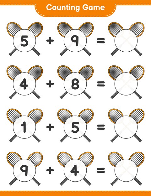 Count and match count the number of Badminton Rackets and match with the right numbers Educational children game printable worksheet vector illustration