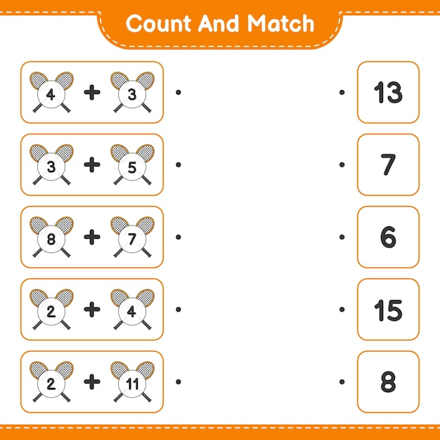 Conta e abbina conta il numero di racchette da badminton e abbina i numeri giusti gioco educativo per bambini foglio di lavoro stampabile illustrazione vettoriale