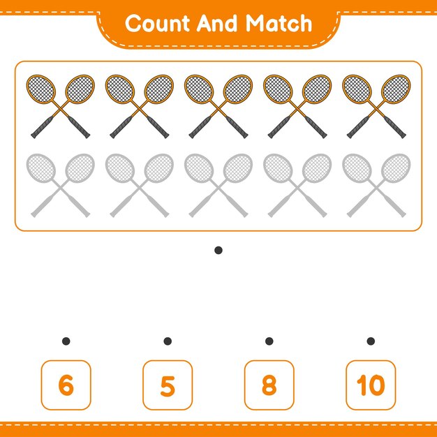 Conta e abbina conta il numero di racchette da badminton e abbina i numeri giusti gioco educativo per bambini foglio di lavoro stampabile illustrazione vettoriale