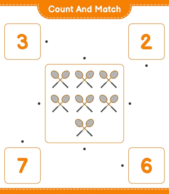 Conta e abbina conta il numero di racchette da badminton e abbina i numeri giusti gioco educativo per bambini foglio di lavoro stampabile illustrazione vettoriale