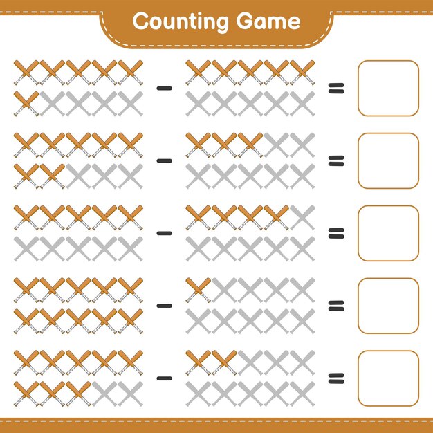 Count and match count the number of Baseball Bat and match with the right numbers Educational children game printable worksheet vector illustration