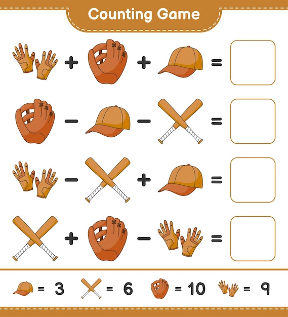 Count and match count the number of baseball glove golf gloves cap hat baseball bat and match with the right numbers educational children game printable worksheet vector illustration