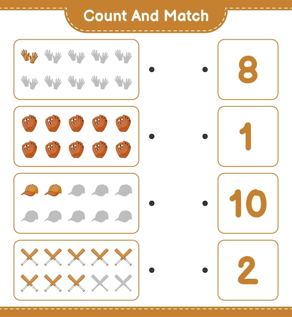 야구 글러브 골프 장갑 모자 야구 방망이의 수를 세고 일치시키고 올바른 숫자와 일치 교육용 어린이 게임 인쇄용 워크 시트 벡터 일러스트 레이션