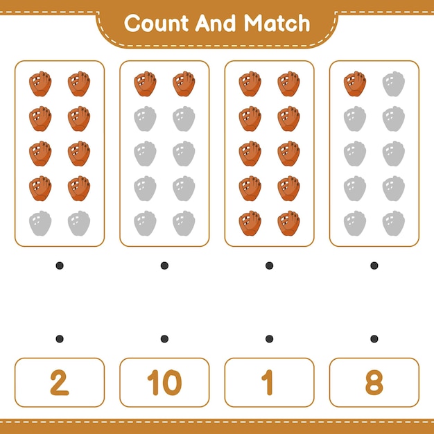 Count and match count the number of Baseball Glove and match with the right numbers Educational children game printable worksheet vector illustration