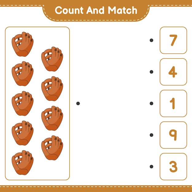 Count and match count the number of Baseball Glove and match with the right numbers Educational children game printable worksheet vector illustration