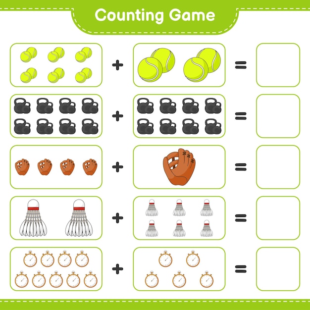 Count and match count the number of Baseball Glove Stopwatch Tennis Ball Dumbbell Shuttlecock and match with the right numbers Educational children game printable worksheet vector illustration