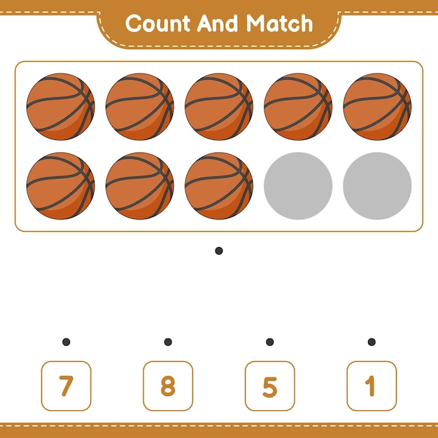Count and match count the number of basketball and match with the right numbers educational children game printable worksheet vector illustration