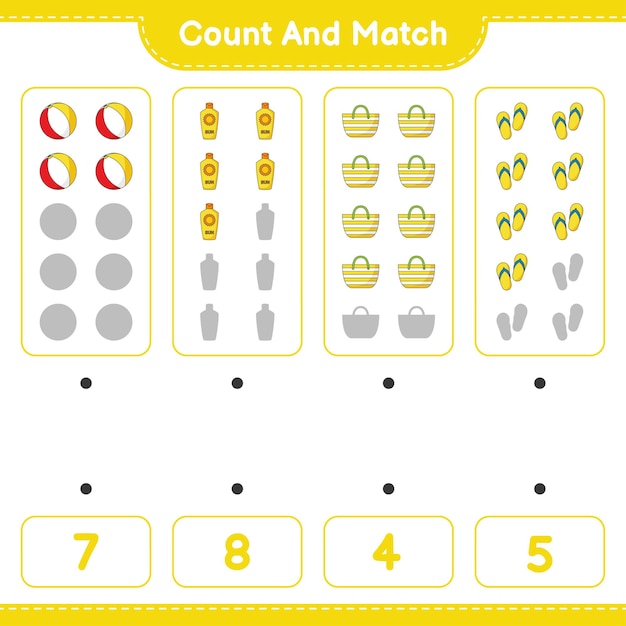 Count and match count the number of Beach Ball Sunscreen Beach Bag Flip Flop