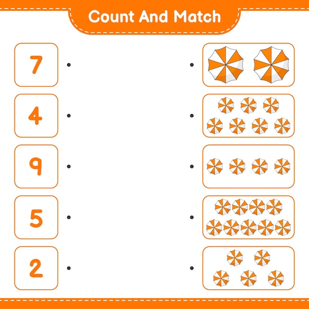 Count and match, count the number of Beach Umbrella and match with the right numbers. Educational children game, printable worksheet, vector illustration