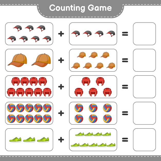 Count and match count the number of Bicycle Helmet Boxing Gloves Cap Hat Volleyball Sneaker and match with the right numbers Educational children game printable worksheet vector illustration