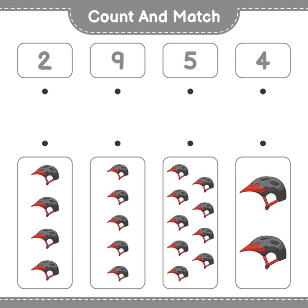 Count and match count the number of Bicycle Helmet and match with the right numbers Educational children game printable worksheet vector illustration