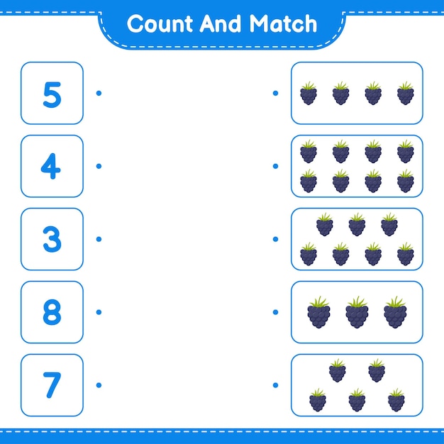 Count and match, count the number of blackberries and match with right numbers. educational children game, printable worksheet