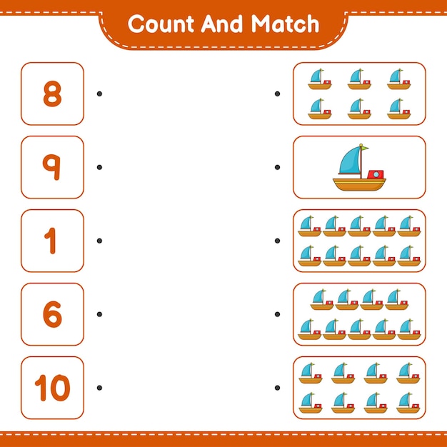 Count and match, count the number of Boat and match with the right numbers. Educational children game, printable worksheet, vector illustration