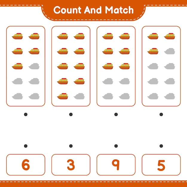 Count and match, count the number of Boat and match with the right numbers. Educational children game, printable worksheet 