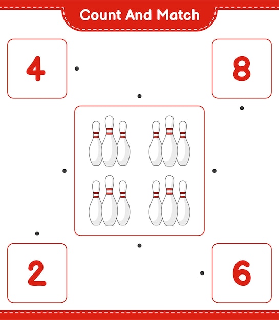 Count and match count the number of Bowling Pin and match with the right numbers Educational children game printable worksheet vector illustration