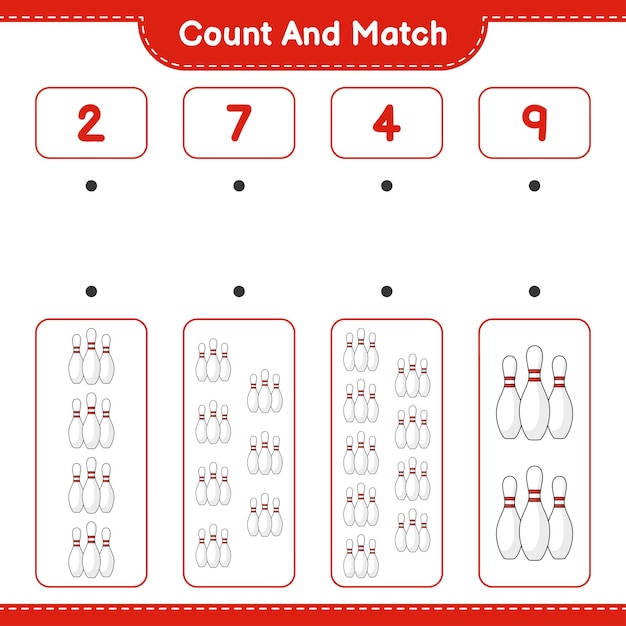 Count and match count the number of Bowling Pin and match with the right numbers Educational children game printable worksheet vector illustration