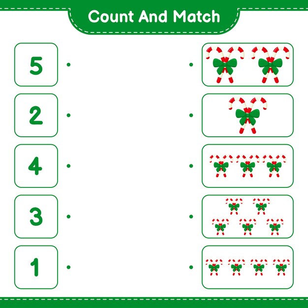 Conta e abbina, conta il numero di bastoncini di zucchero con il nastro e abbina i numeri giusti. gioco educativo per bambini