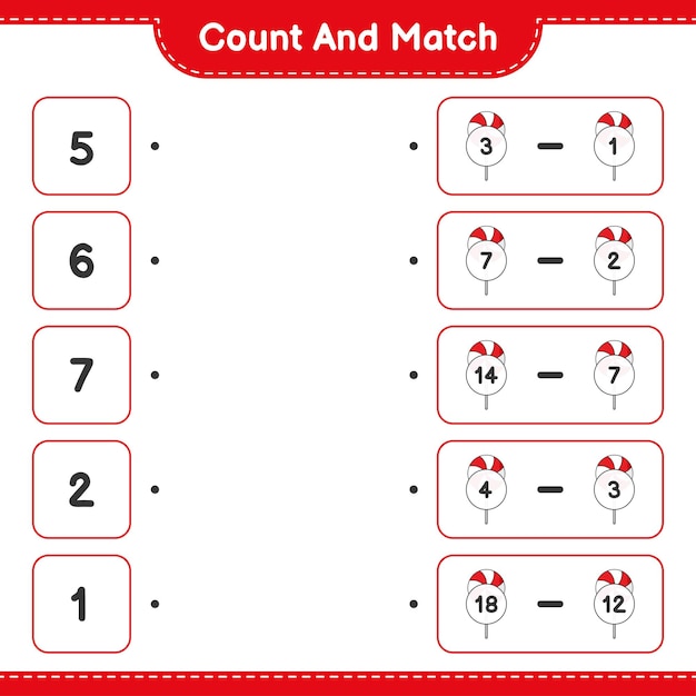 Conta e abbina, conta il numero di candy e abbina con i numeri giusti. gioco educativo per bambini, foglio di lavoro stampabile, illustrazione vettoriale