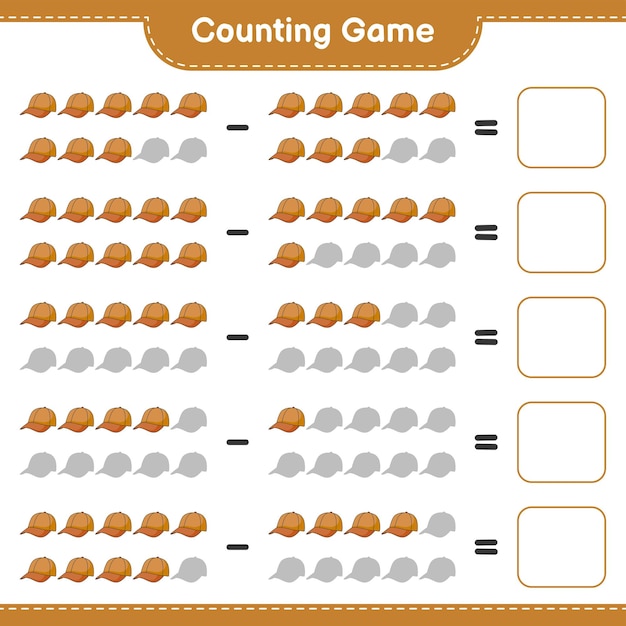 カウントして一致するキャップハットの数を数え、正しい数と一致する教育的な子供たちのゲームの印刷可能なワークシートのベクトル図