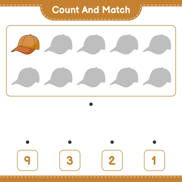 Count and match count the number of cap hat and match with the right numbers educational children game printable worksheet vector illustration